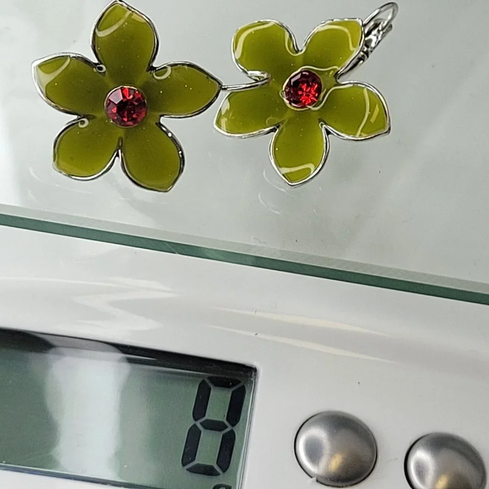 Green Enamel Flower Earrings with Red Rhinestone - Picture 8 of 10